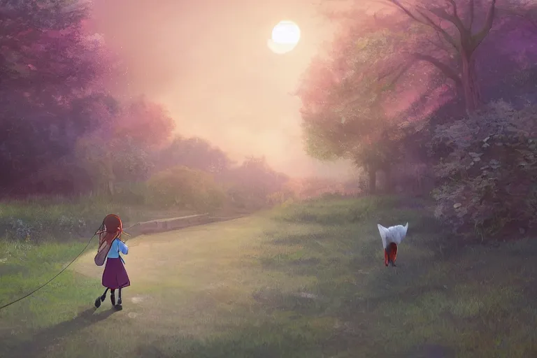 Prompt: a young girl walking to school with her pet fox, matte painting in the style of studio ghibli, early morning light, sunrise, cinematic lighting