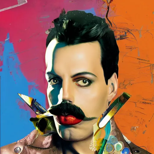 Prompt: steam punk freddie mercury, contemporary collage, highly detailed, digital painting, 4 k, hdr, punk, fashion, smooth, sharp focus, art by nick knight, sandra chevrier and john hoyland