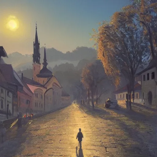 Image similar to a beautiful painting of banska stiavnica in summer with old houses and trees in sunset, sky, people walking on street, unreal engine, by greg rutkowski and james gurney, artstation