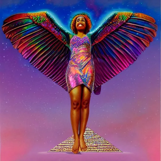 Prompt: isis depicted as a black woman with large iridescent wings in front of a crystal pyramid by Aliza Razell, lisa frank, and thomas blackshear, oil on canva