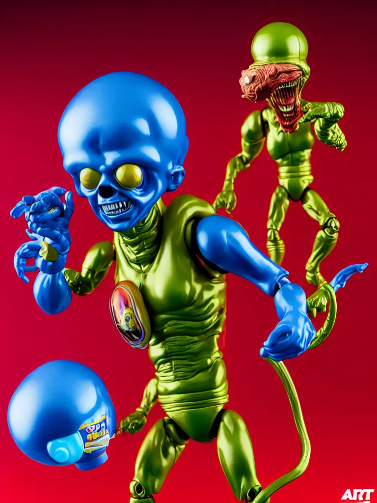 Prompt: hyperrealistic rendering, shiny mars attacks martian by art of skinner and richard corben and jeff easley, product photography, action figure, sofubi, studio lighting, colored gels, rimlight, backlight