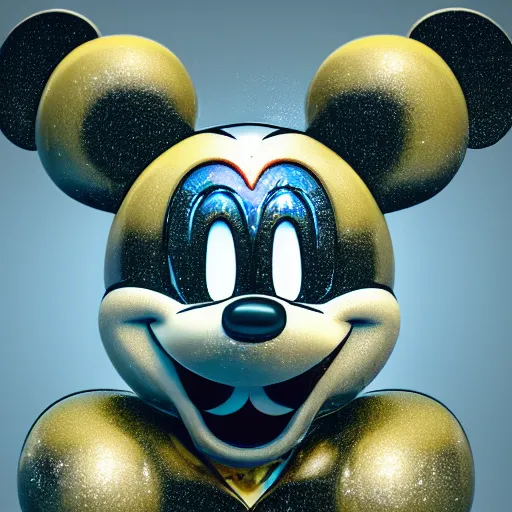Image similar to counterfeit mickey mouse head, fractal, broken, wet, melting, fractured, mycelium, cubensis, radiant alien, rococo, baroque, automotive, bio-mechanical, porcelain, iridescent, sub surface scattering, unreal engine, octane render