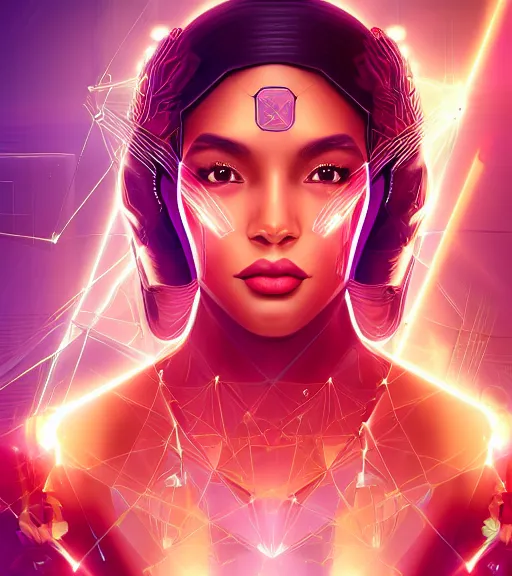 Image similar to symmetry!! latina princess of technology, solid cube of light, hard edges, product render retro - futuristic poster scifi, lasers and neon circuits, beautiful brown skin woman latina princess, intricate, elegant, highly detailed, digital painting, artstation, concept art, smooth, sharp focus, illustration, dreamlike, art by artgerm