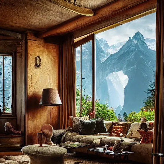 Image similar to fantastical living room with switzerland landscape in the window by marc adamus, beautiful dramatic lighting, overgrown with funghi, style by peter deligdisch, peterdraws