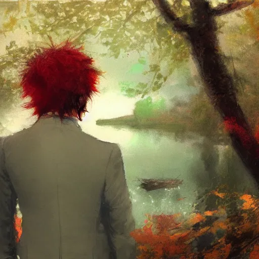 Image similar to stoic young man with red tipped green hair wearing a cream suit shedding a single tear standing before a lake in an autumnal forest holding a halberd shaped like a carnation, oil painting by jeremy mann and yoji shinkawa