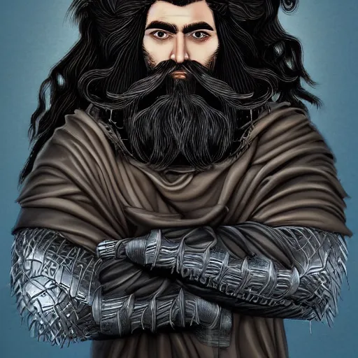 Prompt: portrait of a human man akin to a dwarf in human form with a big bushy beard with braids in it and a mane of black hair and silver armor with golden accents, stylistic, dramatic lighting, egotistical, irritable, serious cartoon