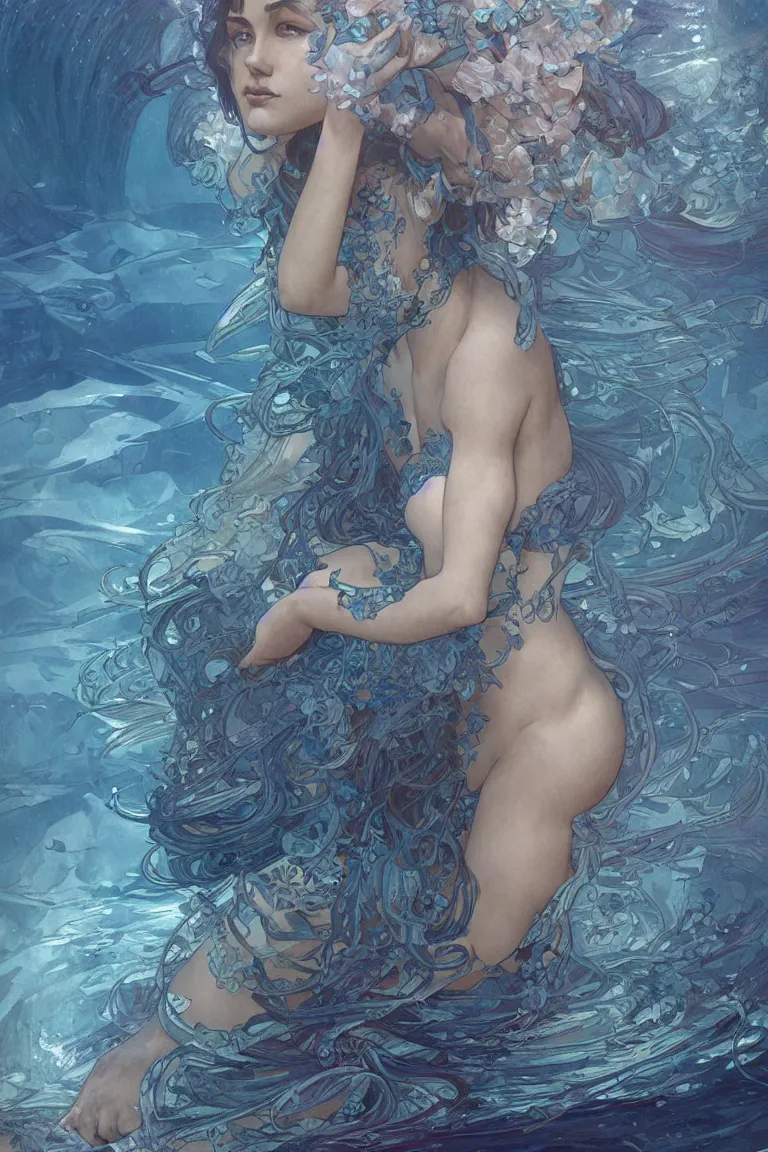 Image similar to a hyper detailed painting of a mermaid queen, blue tones, underwater, highly detailed, digital painting, artstation, concept art, smooth, sharp focus, illustration, art by artgerm and greg rutkowski and alphonse mucha