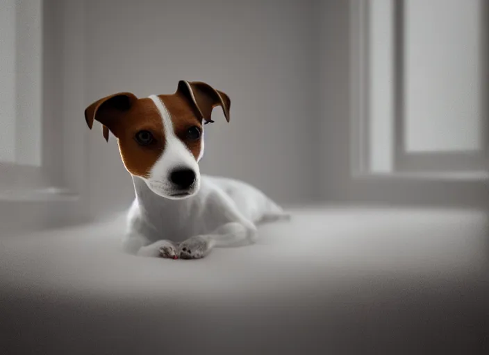 Image similar to photography of a Jack Russel . watching outside the window. on a bed. in a white room. octane render,volumetric light, volumetric fog, photorealistic,, award winning photo, 100mm, sharp, cloth, high res