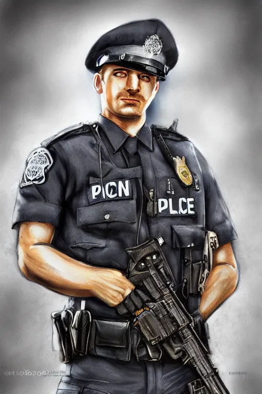 Image similar to london police officer heroically posing, highly detailed, digital art, sharp focus, trending on art station