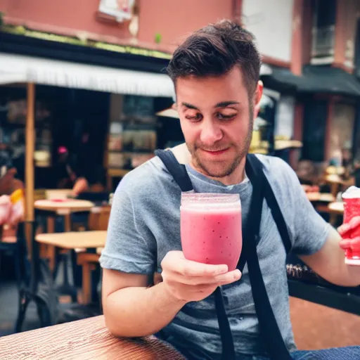 Prompt: a man drinking a strawberry smoothie at a busy street cafe