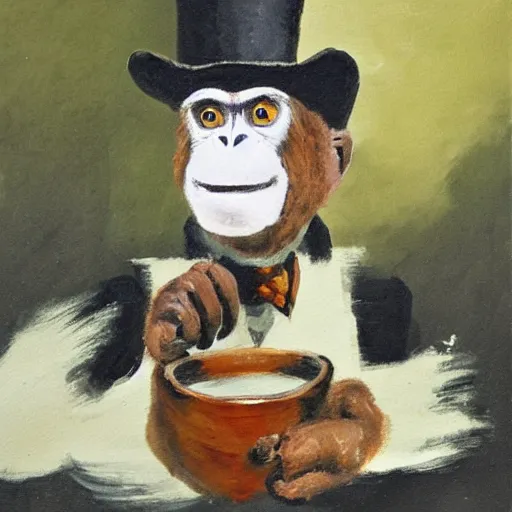 Image similar to a monkey wearing a monocle and a top hat drinking tea, brush strokes, oil painting