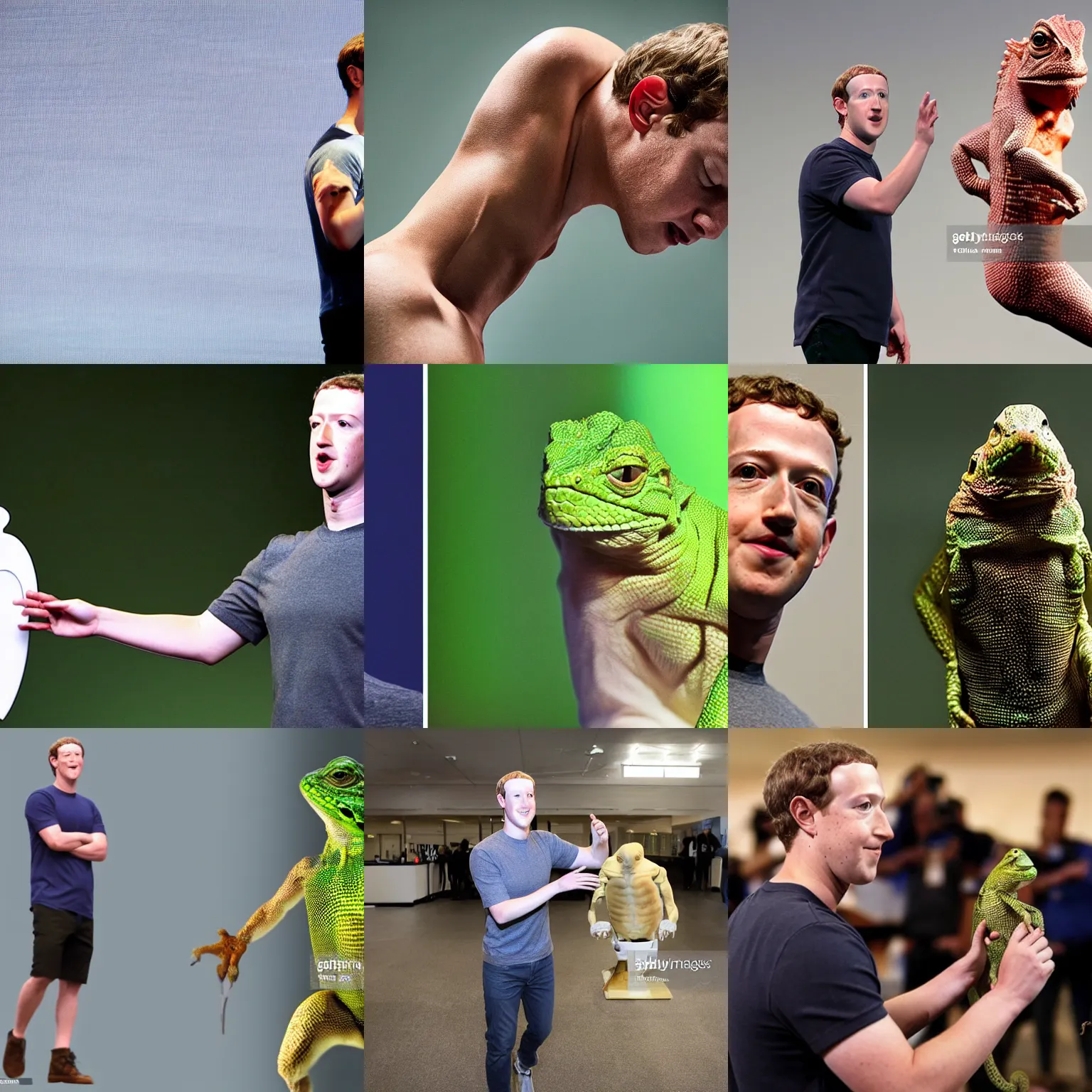 Prompt: Mark Zuckerberg removing his human costume to reveal the killer lizard within, ultra realistic, 8k news photo, high definition photography