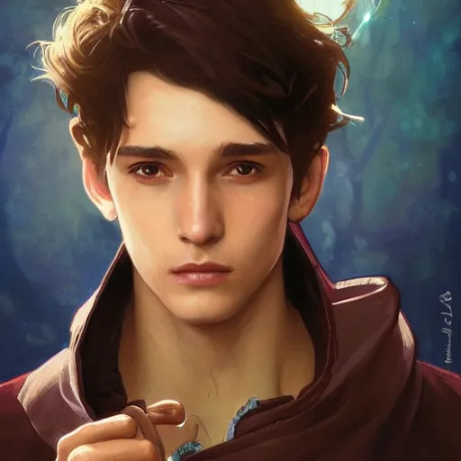 Image similar to a photorealistic male wizard teenager wearing wizard outfit, sharp focus, illustration, art by artgerm and greg rutkowski and alphonse mucha