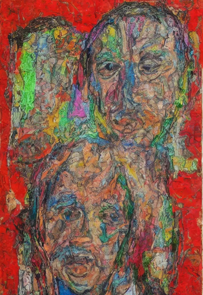 Image similar to self - portrait, award winning outsider art, mixed media