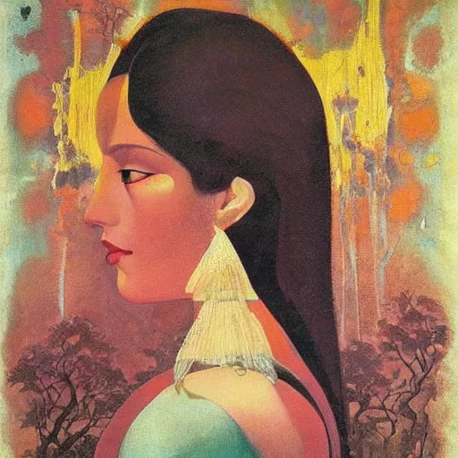 Image similar to a naturalist beautiful beautiful gorgeous vintage painting of a portrait of a queen with dark hair by nicholas roerich by gustave moreau, by eyvind earle by bruce pennington by georgia o keeffe, blood, skin reflective metallic