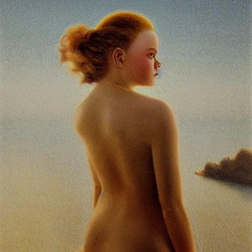 Image similar to Elle Fanning in Santorini, head and shoulders portrait, extremely detailed masterpiece, Roger Deakin’s cinematography, illustration, by Michael Sowa,