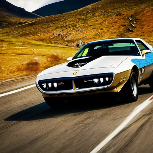 Image similar to pontiac firebird trans - am driving towards the camera, norway mountains, cinematic, motionblur, volumetric lighting, foggy, wide shot, low angle, large lightning storm, thunder storm, tornado