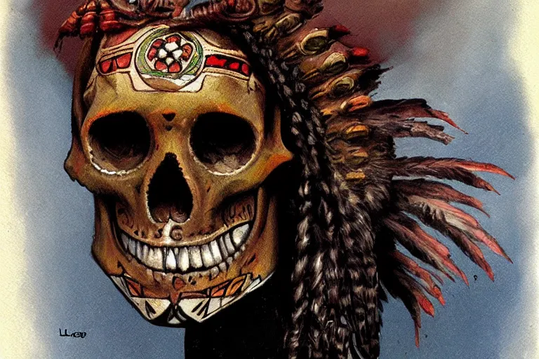 Prompt: aztec skull digitally painted by Les Edwards