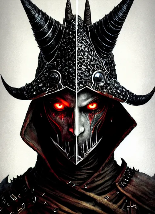 Image similar to rpg! profile! portrait of humanoid demon on white background, horns, spikes, leather clothes, dark souls, bloodborne, intricate, highly detailed, digital painting, artstation, concept art, smooth, sharp focus, illustration, art by norman rockwell emiliano ponzi andrey remnev yoann lossel aaron jasinski, 8 k