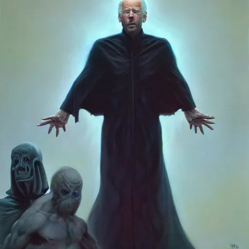 Image similar to epic Joe Biden in pandemonium, demons and souls, portrait, art by Wayne Barlowe, oil on canvas