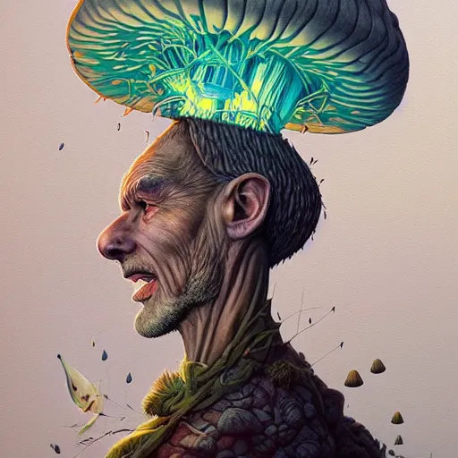 Image similar to mushroom mohawk projector portrait by gaston bussierre and charles vess and james jean and erik jones and rhads, inspired by rick and morty, epic, funny, huge scale, beautiful fine face features, intricate high details, sharp, ultradetailed