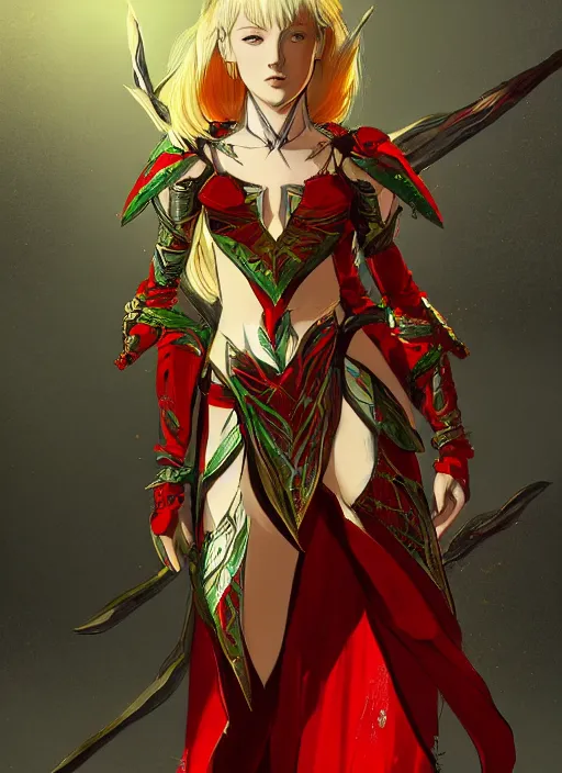 Image similar to Full body portrait of a beautiful young blonde short haired elven princess wearing red, green and gold armour robe. In style of Yoji Shinkawa and Hyung-tae Kim, trending on ArtStation, dark fantasy, great composition, concept art, highly detailed.