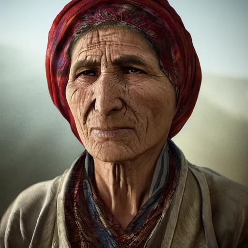 Prompt: hyperrealistic mixed media high resolution image of a Kurdish grandmother, stunning 3d render inspired art by István Sándorfi and Greg Rutkowski and Unreal Engine, perfect symmetry, dim volumetric lighting, 8k octane beautifully detailed render, post-processing, extremely hyper-detailed, intricate, epic composition, highly detailed attributes, highly detailed atmosphere, full body shot, cinematic lighting, masterpiece, trending on artstation, very very detailed, masterpiece, stunning, flawless structure, lifelike texture, perfection,