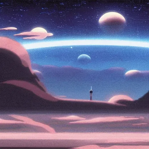 Image similar to sci - fi space landscape by studio ghibli, matte painting, high contrast