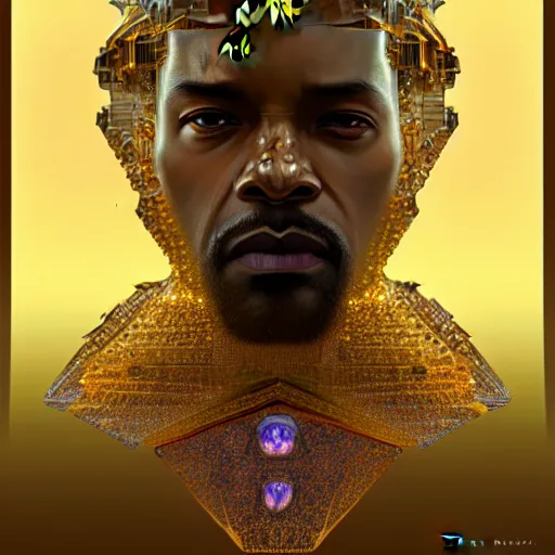 Image similar to halfturn portrait of a big crystal face, fully made of golden crystals, half - turn, bottom view, ominous, intricate, architectural, geometrical, art by anthony macbain + greg rutkowski + alphonse mucha, concept art, 4 k, sharp focus