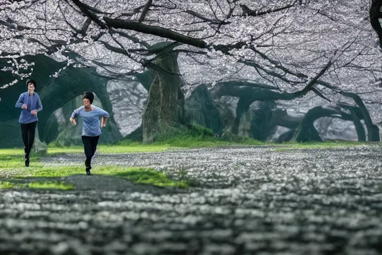 Image similar to vfx movie scene closeup japanese couple running through cherry blossom forest, natural lighting by emmanuel lubezki