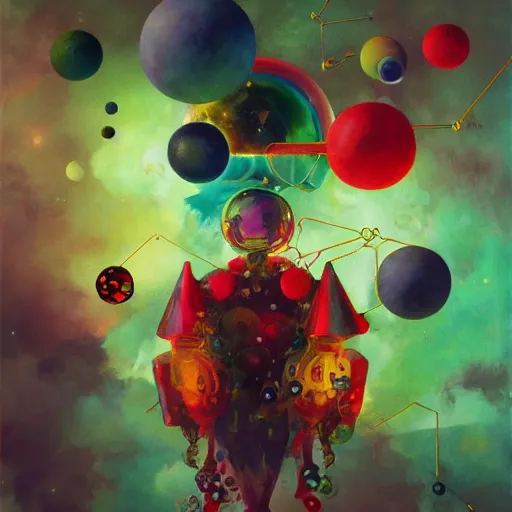 Image similar to surreal gouache painting, yoshitaka amano, ruan jia, conrad roset, kilian eng, balls, bubbles, orbs, spheres, incredibly detailed, of floating molecules and a mannequin artist holding an icosahedron with stars, clouds, and rainbows in the background, retrowave, modular patterned mechanical costume headpiece, artstation