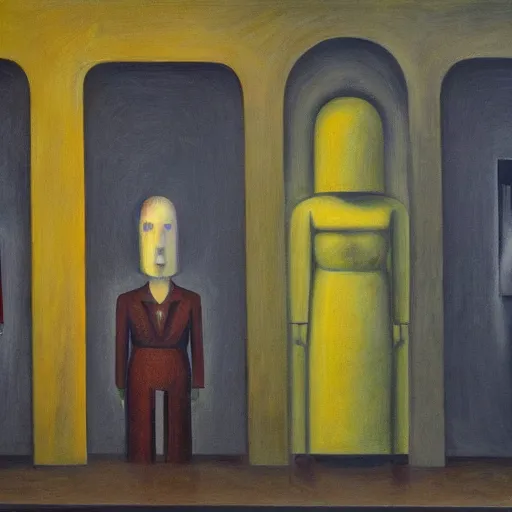 Prompt: three brutalist giant sacred robots visage, portrait, judge, cathedral, dystopian, pj crook, edward hopper, oil on canvas