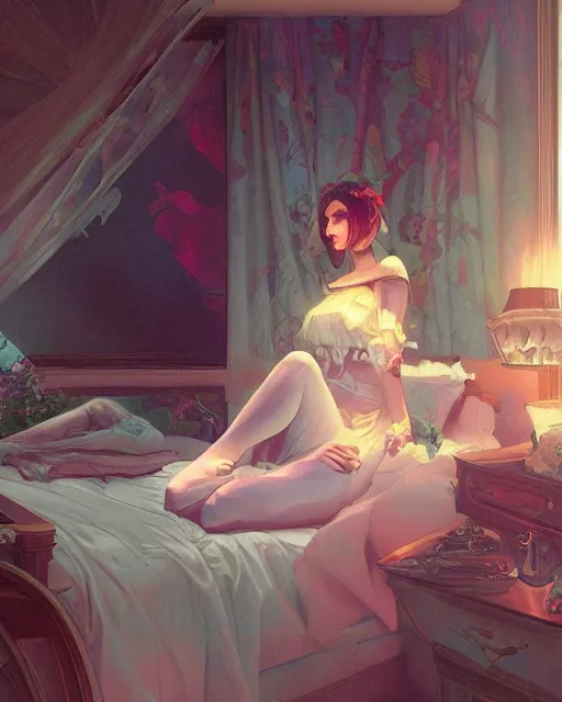 Image similar to emily rajtkowski, vaporwave, bedroom, highly detailed, digital painting, artstation, concept art, smooth, sharp focus, illustration, art by artgerm and greg rutkowski and alphonse mucha