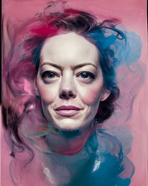 Prompt: pink blue gilded ink smoke portrait of emma stone, by Jenny Saville, oil on canvas, painterly brushwork