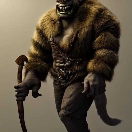 Image similar to A full body shot of a handsome orc looking into the camera wearing a fur jacket and boots, full body shot, artstation, realistic, highly detailed, symmetrical, hyper realism, high detail, octane render, unreal engine, 8k, fantasy art, highly detailed, concept art