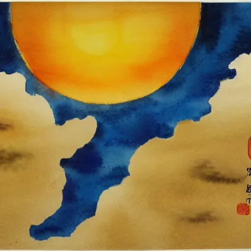 Prompt: a chinese watercolor painting of the earth and the sun fighting each other