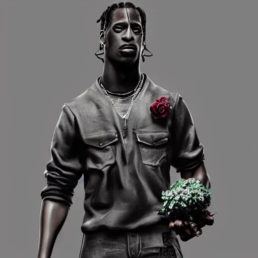 Prompt: travis scott holding black rose, zbrush, blender, digital art, trending on artstation,