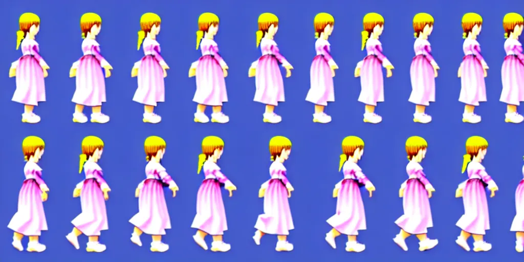 Image similar to 3 d walking cycle sprite sheet of a girl in a peasant clothes, walking to the right, each sprite is a different frame of the animation, in the style of final fantasy games, side view of her taking steps, accurate walk cycle, walk cycle, walk cycle, always wearing the same clothes