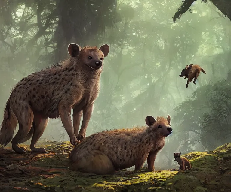 Prompt: a beautiful painting of a cute brown hyena and a gray otter in a forest. disney character design by cory loftis, fenghua zhong, ryohei hase, ismail inceoglu and ruan jia. artstation, volumetric light, detailed, photorealistic, rendered in octane