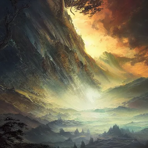 Prompt: fantasy book cover painting, dramatic shot of a lively landscape in the country, wallpaper, 4k, prismatic, by Ross Tran