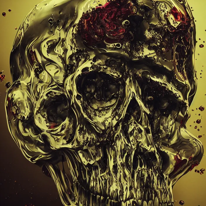 Image similar to portrait of a melting wax skull. intricate abstract. sharp teeth. delicate artwork. infected by zombie fungus. by Tooth Wu, wlop, beeple, dan mumford. octane render, trending on artstation, greg rutkowski very coherent symmetrical artwork. cinematic, hyper realism, high detail, octane render, 8k, depth of field, bokeh. chrome accents.