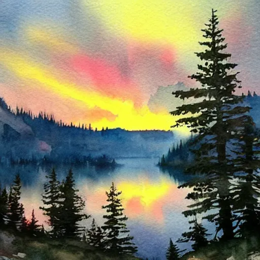 Image similar to alpine lake. bautiful sunrise. watercolor. trending on artstation