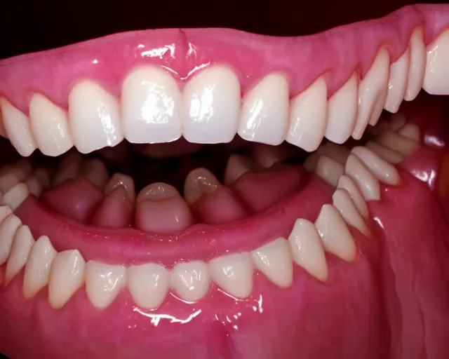 Image similar to a dentist's view of a wide open mouth with a lot of teeth. the teeth are glowing with an unknown holy presence.