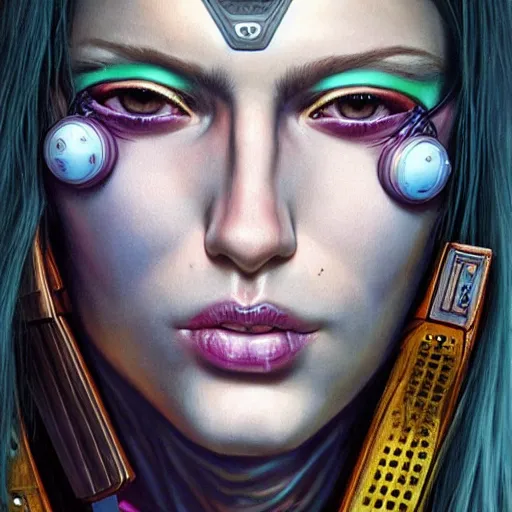 Prompt: a hyperrealistic portrait painting of a beautiful female cyberpunk warrior, by alan moore, highly detailed,