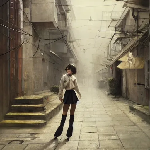 Image similar to a perfect, realistic professional socialist realism socrealist painting of a Japanese schoolgirl posing in a dystopian alleyway, style of Marvel, full length, by a professional Soviet senior artist on ArtStation, a high-quality concept