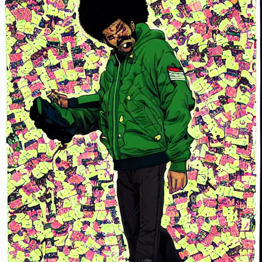 Image similar to illustration by katsuhiro otomo, black man with afro hair, raspy beard stubble, wearing an adidas army green jacket, in the streets of tokyo, akira style, by katsuhiro otomo