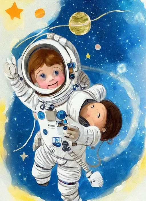 Prompt: a cute little girl with a round cherubic face, blue eyes, and short wavy light brown hair smiles as she floats in space with stars all around her. she is an astronaut, wearing a space suit. beautiful painting with highly detailed face by quentin blake and greg rutkowski