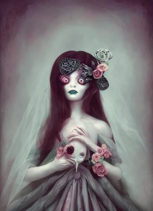 Image similar to pop surrealism, lowbrow art, realistic cute bride ghost girl painting, japanese street fashion, hyper realism, muted colours, rococo, natalie shau, loreta lux, tom bagshaw, mark ryden, trevor brown style,