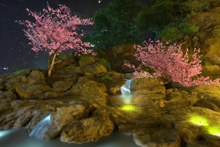 Prompt: Bioluminescent waterfall, cherry-blossom-tree, night-time, moon, fireflies, atmospheric, magical atmosphere, octane render, unreal engine, HD, trending on artStation, artstationHD, artstationHQ, cgsociety, 4k, 8K