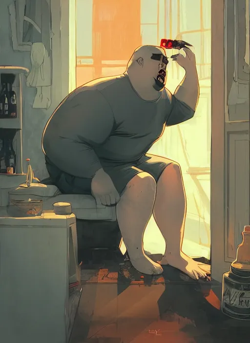Prompt: a slightly overweight depressed and ugly man sitting in his dark and dirty apartment, bottles of alcohol next to him, in the style of artgerm, gerald brom, atey ghailan and mike mignola, vibrant colors and hard shadows and strong rim light, plain background, comic cover art, trending on artstation